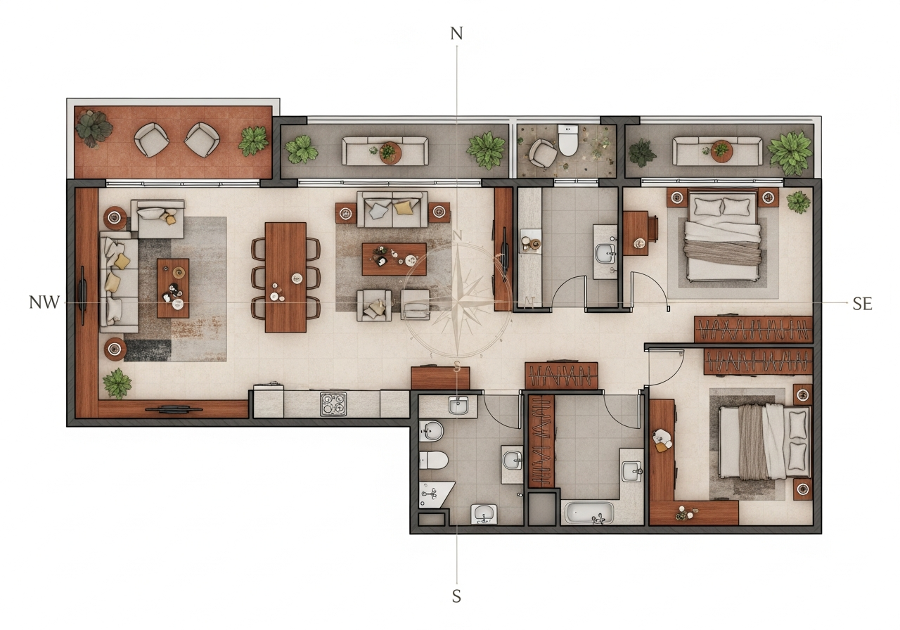 A 16-zone Vastu Purusha Mandala overlaid on an architectural floor plan.